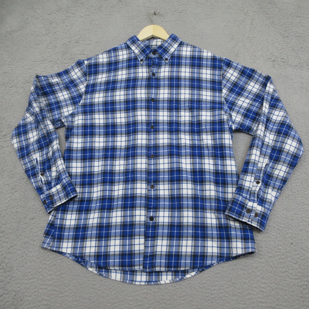 Lands End Flannel Shirt Mens L Blue Plaid Traditional Fit Preppy Heritage Casual